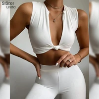 sisterlinda sexy deep v neck sporty matching two piece workout activewear sets women sleeveless bodycon crop top leggins outfits