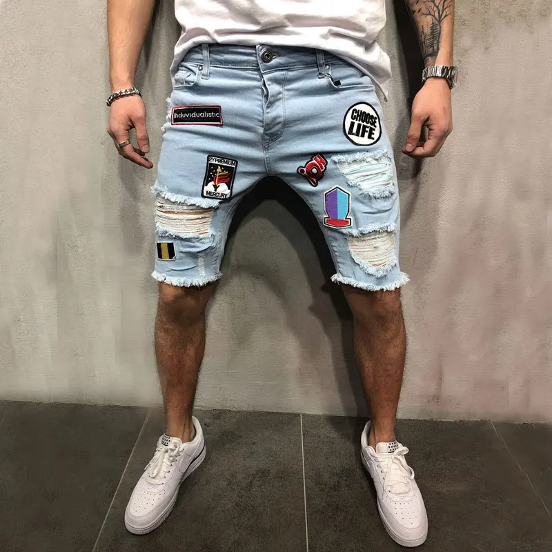 Summer Men's Shorts Fashion Casual Slim Fit High Quality Elastic Badge Embroidery Broken Hole Street Head Hip-Hop Denim Shorts