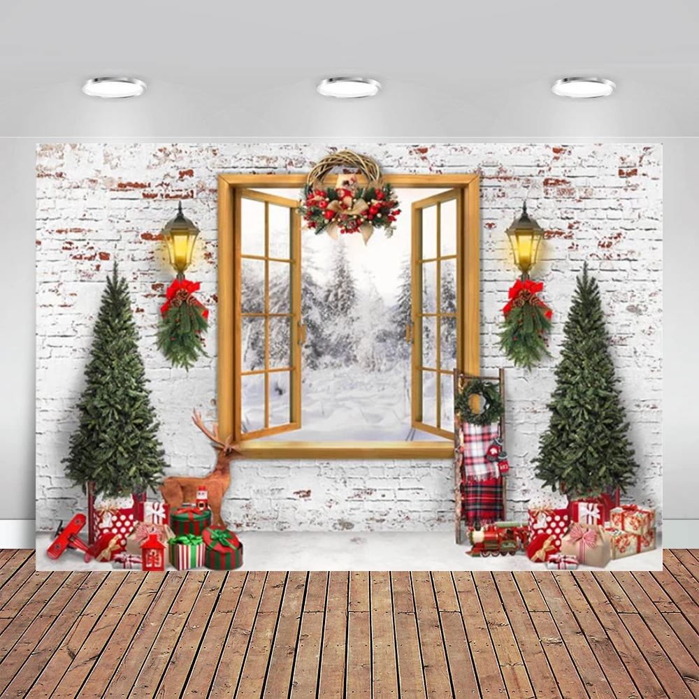 Winter Christmas Snow Backdrop Xmas Tree Gift Decor Photography Vintage White Brick Wall Photo Props Studio Booth Background