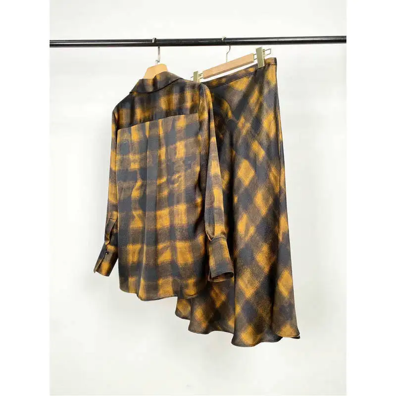 

2021 Spring and Summer Tops Women Blouses Temperament Printed Plaid Silk Shirt