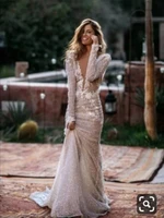 verngo glitter long sleeves wedding dresses sheer neck applique sweep train bridal gowns modern stylish robe de mariage