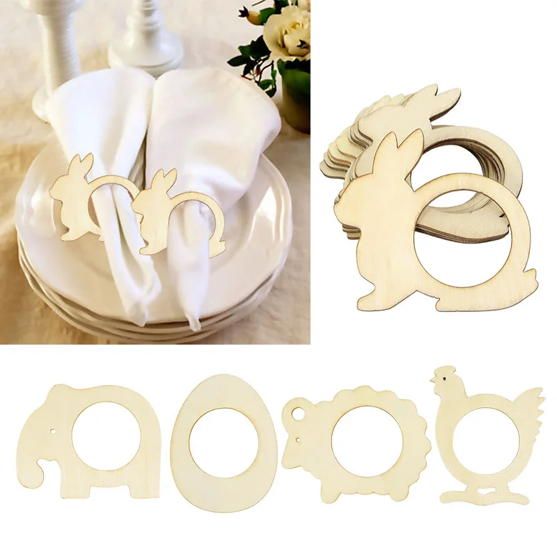 

10pcs Happy Easter Wooden Napkin Ring Laser Cut Rabbit Bunny Chick Easter Egg Tissue Buckles Holder Party Table Decoration