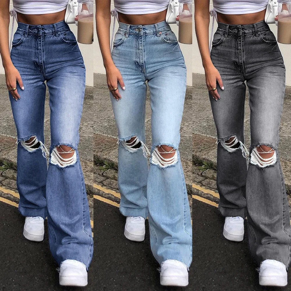 

Women's Hole Micro-Flare Jeans Fashion Chic Streetwear Hip Sexy High Waist Girlfriend Bleached Denim Grasp The Grain Trousers