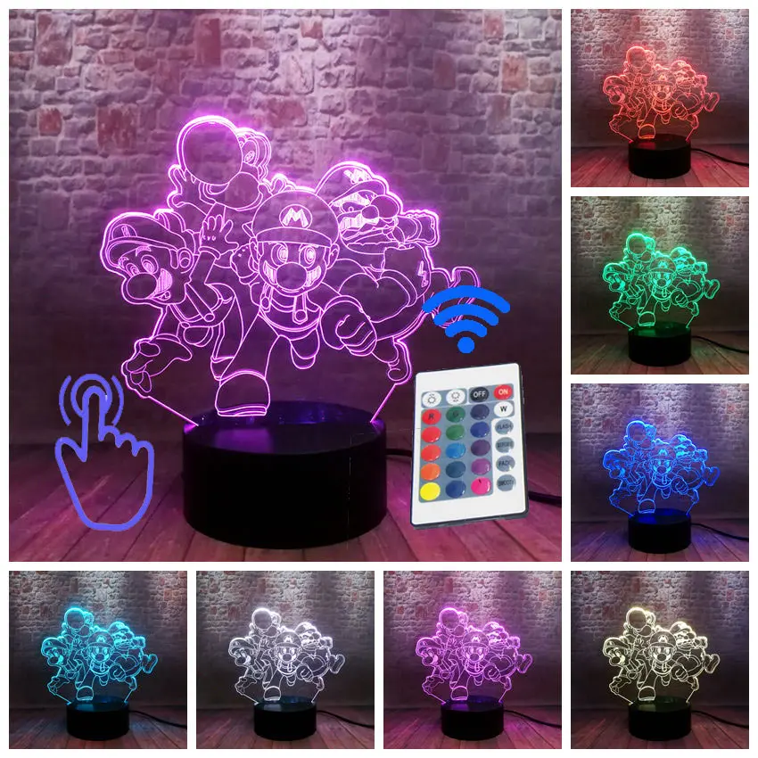 Remoter and Touch Супер Марио модель 3D Иллюзия светодиодный ночной Светильник Красочные мигающий светильник светится в темноте Super Mario Bross рисунок игрушки для детей - Цвет: Remoter and Touch