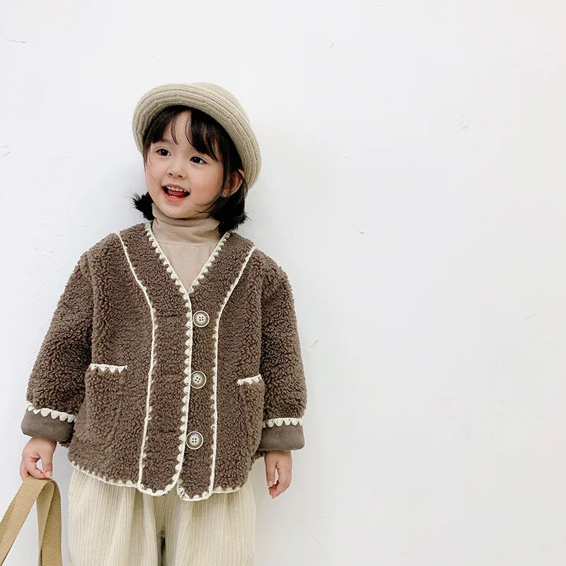 

Spring Winter Girl Coat Jackets Warm Clothing Kids Teenage Fashion Children Round Neck Tops Lamb Wool Thicken Embroidery 2021