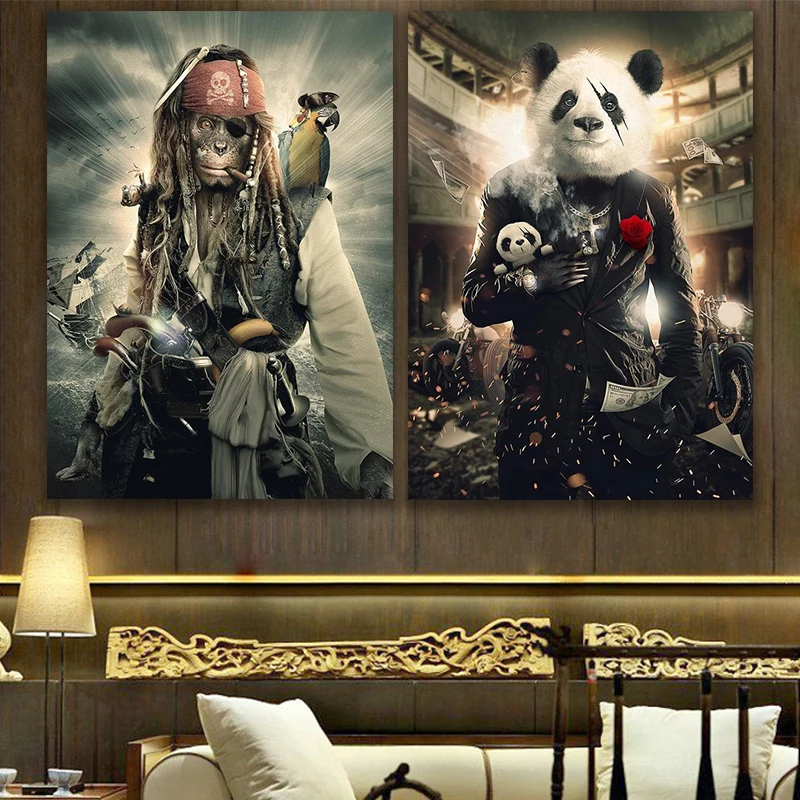 

Pirate monkey At Sea Canvas Painting Locomotive Party Panda Vintage Posters and Prints Vessel Wall Pictures for Living Room