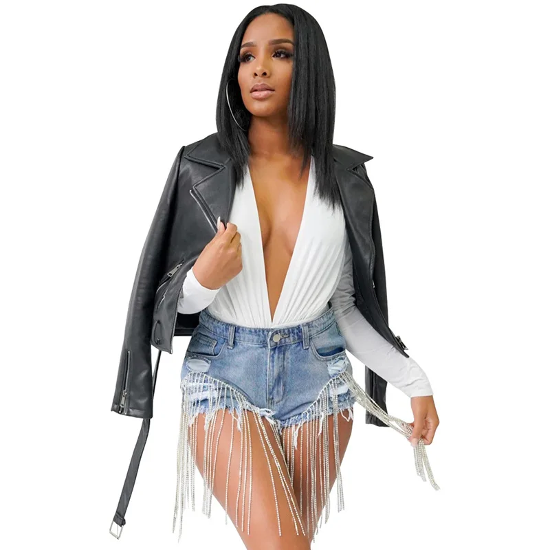 Осенне-зимняя куртка из искусственной кожи с кисточками на молнии отворотом и