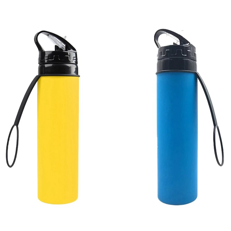 

Dropship-2 Pcs Collapsible Water Bottle Leak-Proof Silicone Kettle Outdoor Travel Camping Drink Sport Water Bottle, Blue & Yello