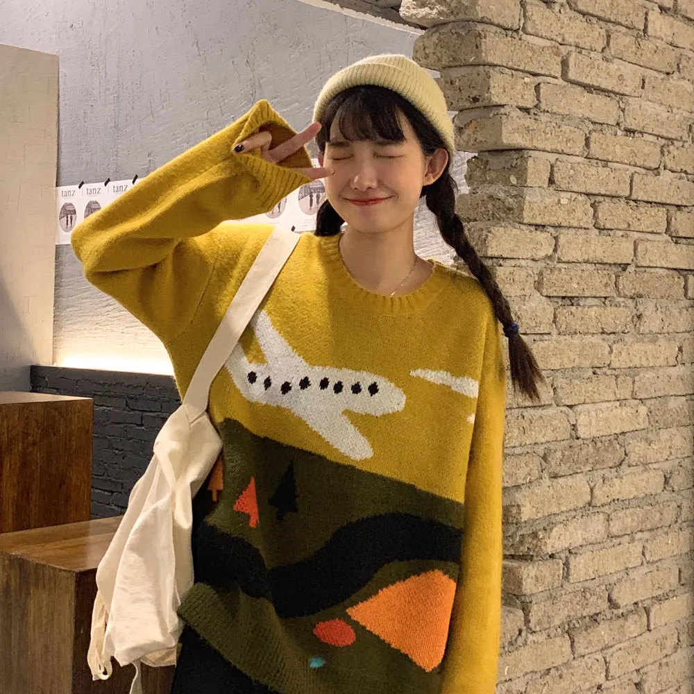 

Round Neck Sweater Woman Autumn And Winter Ins Korean Sweater Woman Loose Hedging Aircraft And Color Contrast Lazy Knit Sweater