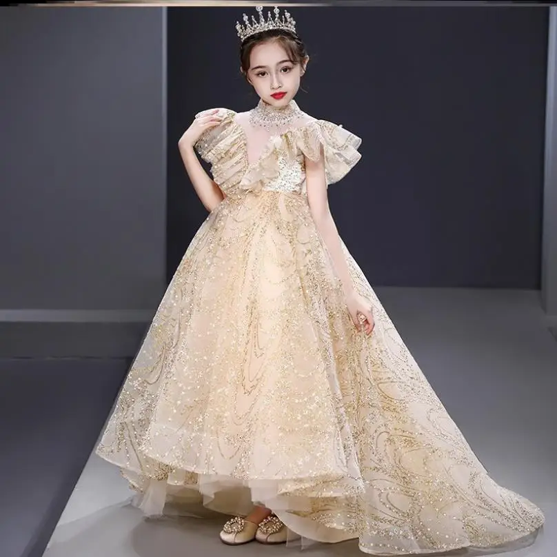 

High-End Sequines Children Trailing Evening Gown Wedding Birthday Party Princess Kids Piano Host Dress For Girls L733