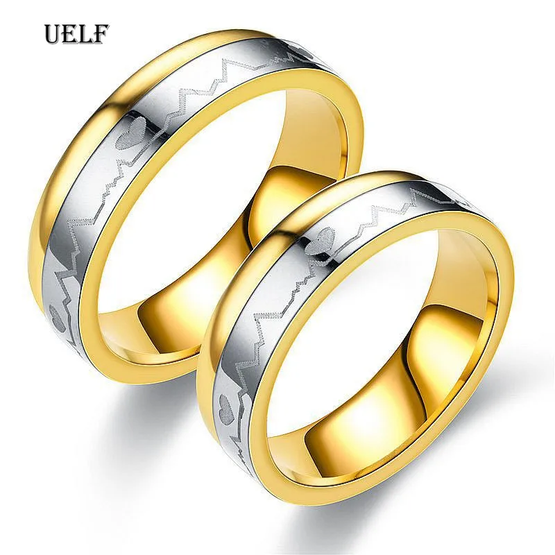 Женское и мужское обручальное кольцо Uelf из титановой стали с сердечным ритмом