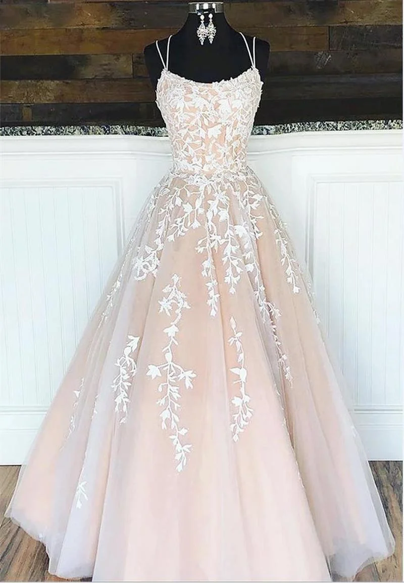 

Evening Dresses Scoop Neck A-line Backless Evening Party Gowns Spaghetti Straps Lace Appliques Formal Dresses Robe De Soiree