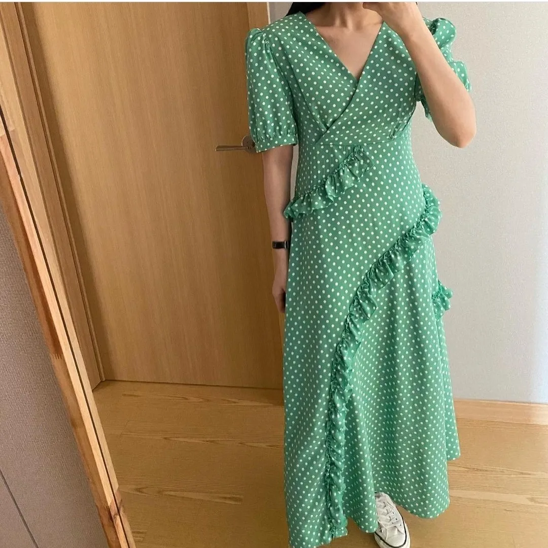 

Fashion Polka Dot Pattern Women Dress Summer Short Sleeve Midi Office Dresses V-neck Vestidos YOU441