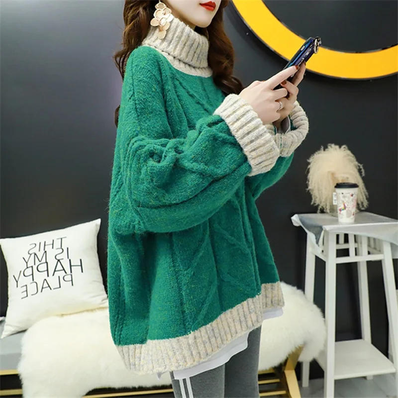 

Knitted Basic Sweater Pullover Turtleneck Patchwork Long Sleeves Women Autumn Winter Fashion Casual Warm Soft Tops