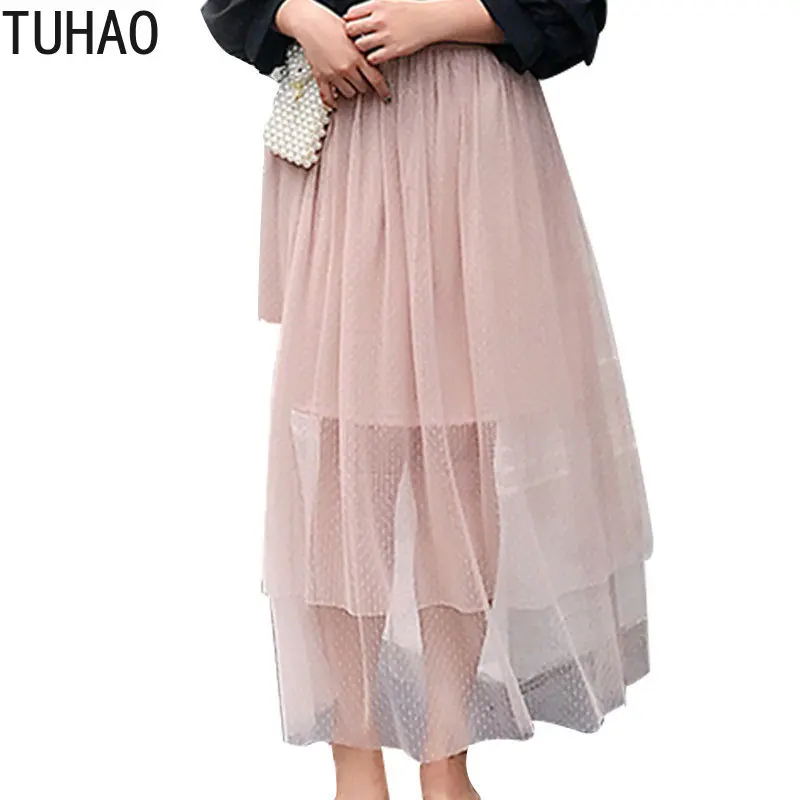 

High Waist Mesh Skirt Lace Long Section Spring Summer 3XL 2XL Plus Size Pleated Skirts Long Skirt Casual Robes TA2046