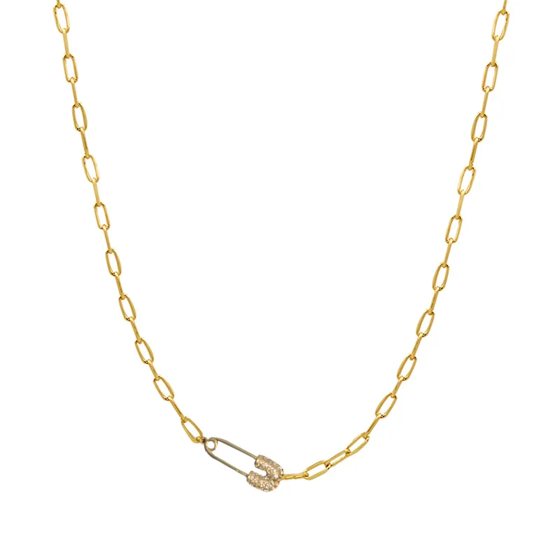 

LOVOACC Luxury Cubic Zircon Paper Clip Pendant Necklace for Women Trendy Hollow Asymmetry Metal Chunky Chain Necklace Jewelry