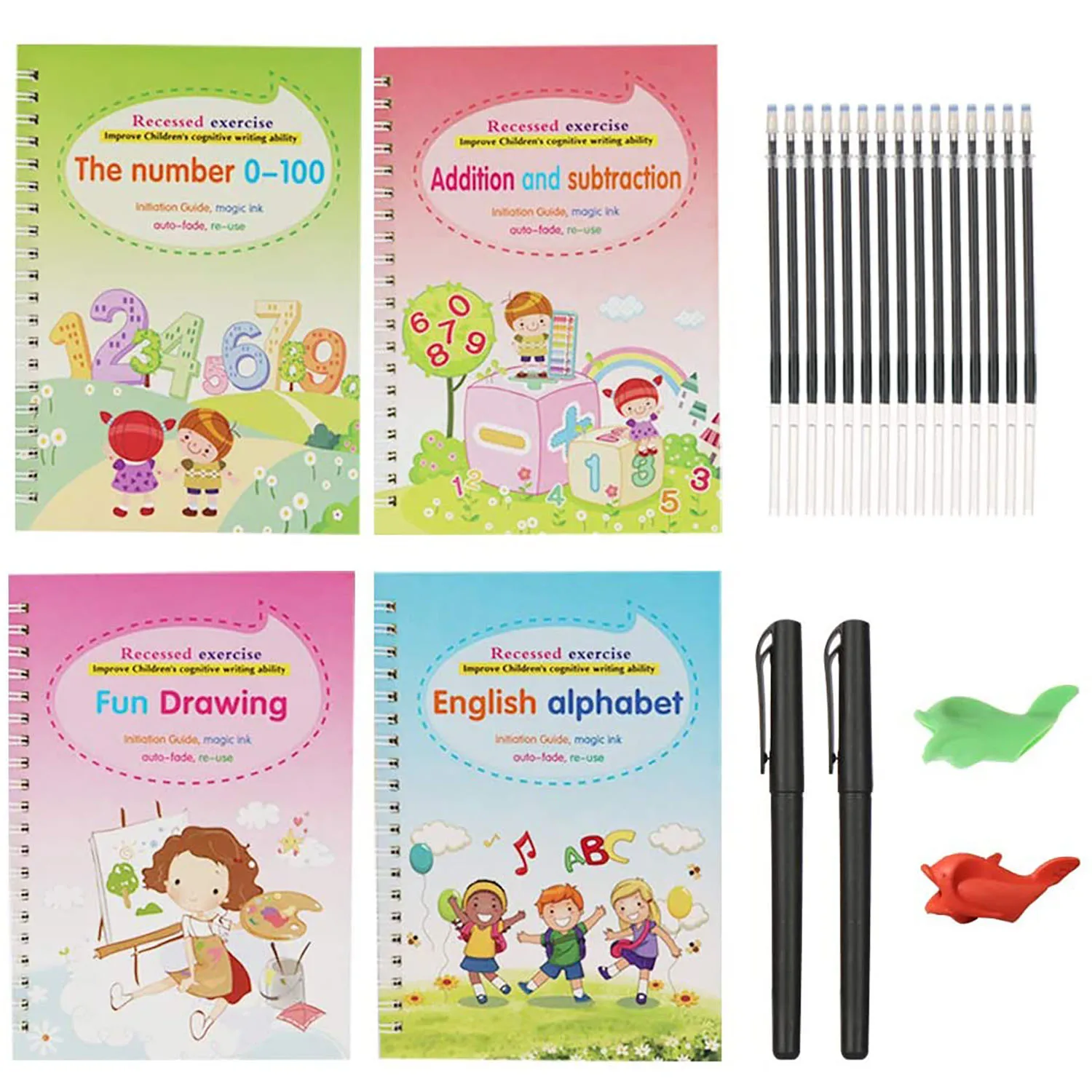 4 books +Pen 3D Reusable Children's Drawing Books Baby Learning Painting Writing Copybook For Calligraphy Practice Book For Kids