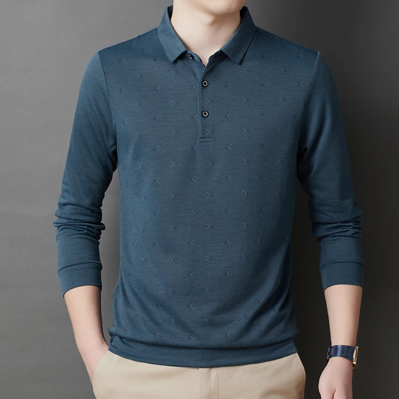 

Autumn Casual POLO Shirt for Men Vintage Print Slim Long Sleeve Tshirts Pullover Business Classic Tops Fashion Sudadera Hombre