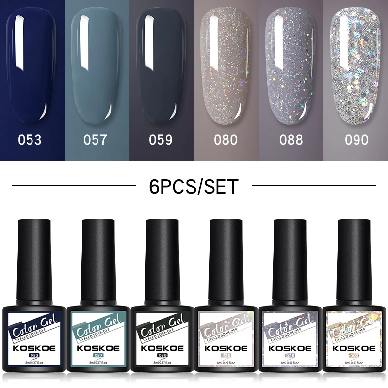 

KOSKOE 4/6PCS Gel Nail Polish Set 8ml Glitter UV Gel Varnish Semi Permanent Hybrid Soak Off UV Lamp Nail Art Gel Kit Base Top