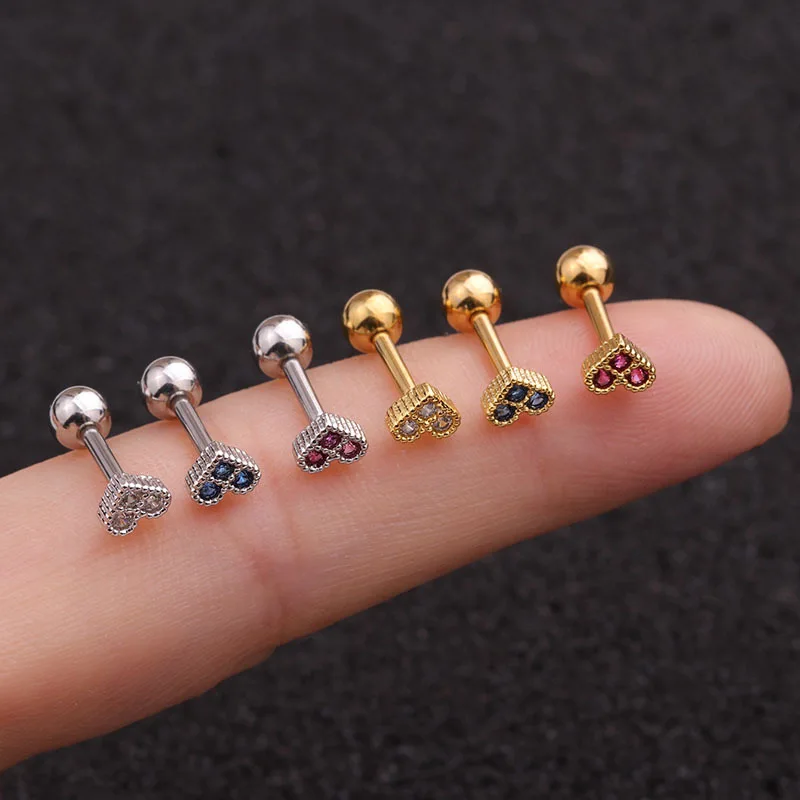 

1Pc Tiny Love Heart with Pink Blue Stone CZ Stud Earrings Steel Screw Back Round Tear Drop Ear Tragus Piercing Jewelry Gift