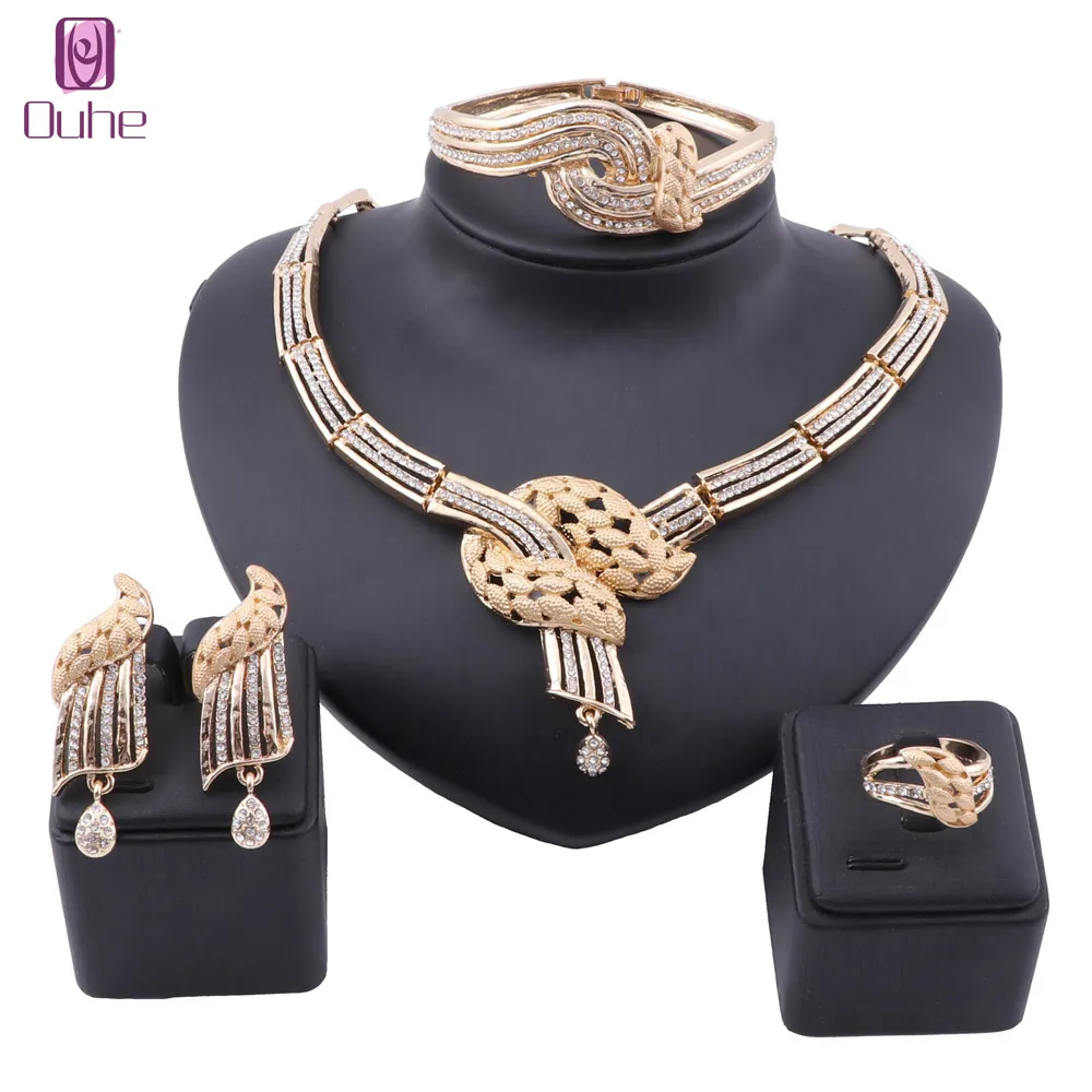 

Luxury Bridal Wedding Banquet Crystal Jewelry Set African Dubai Gold Color Women Party Costume Accessories Set