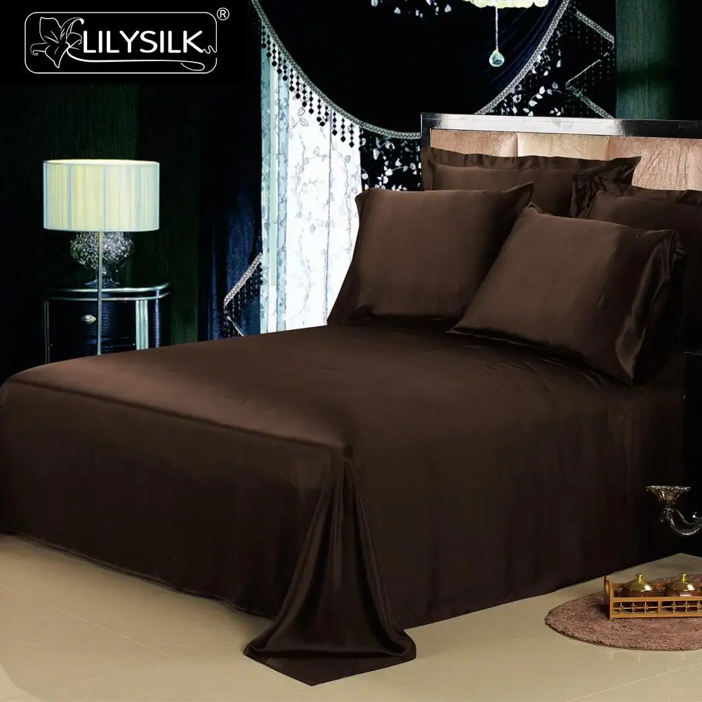 Chocolate Lilysilk 3 шт. шелковицы Постельное белье шелк плоский лист Оксфорд наволочки 19momme бесшовные шелковые простыни комплект - Цвет: Chocolate