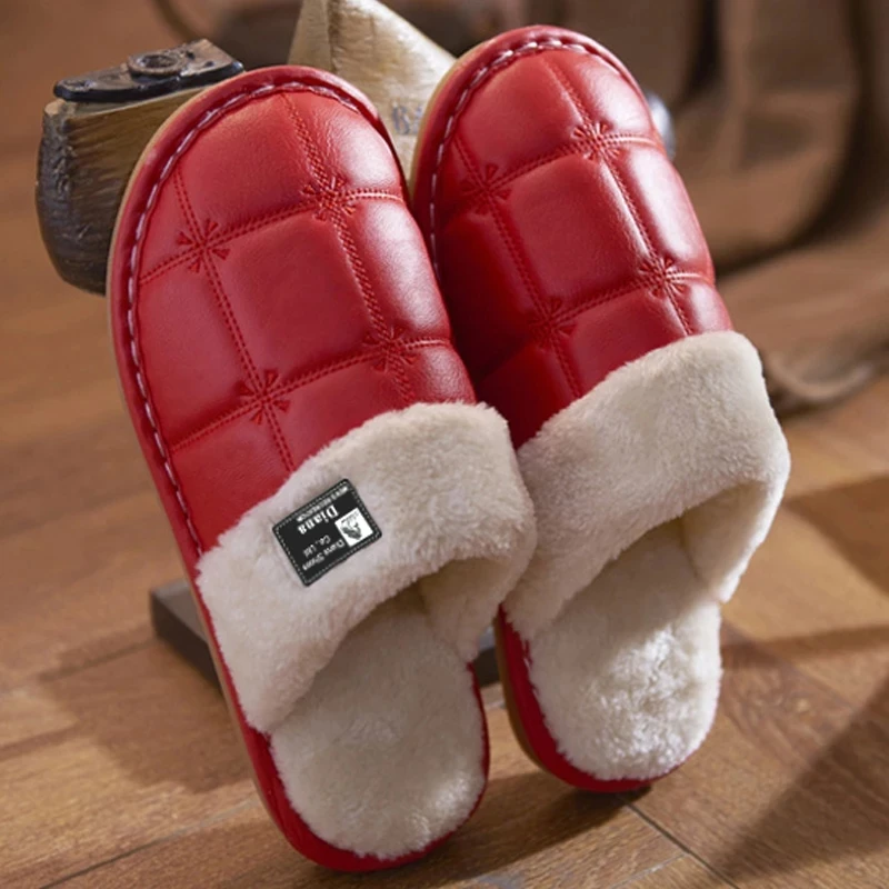 

Winter Women Slippers high quality Non Slip Waterproof Warm Indoor PU Large Size 36-45 House Slippers Bedroom Lovers Floor Shoes