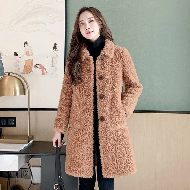 

Women Casual Long Sheep Shearing Outcoat Female Solid Cardigan Genuine Wool Coat Ladies Turndown Collar Real Fur Overcoat X505