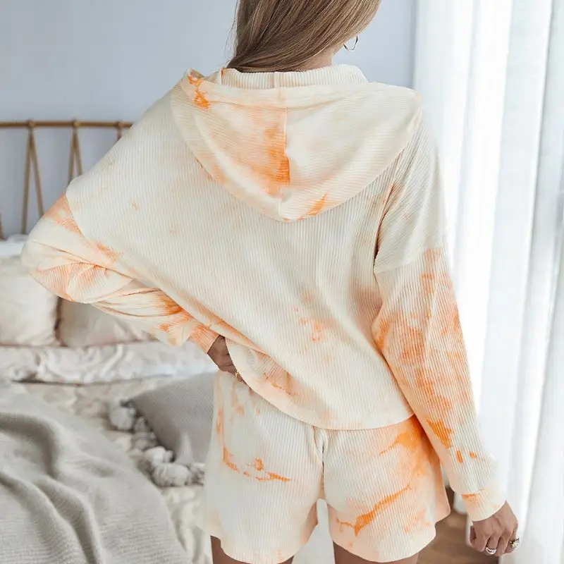 

2Pcs Women Tie-dye Long Sleeve Loose Tops + Drawstring Waist Shorts Set 2020 Female Home Casual Pajamas Loungewear Tracksuits