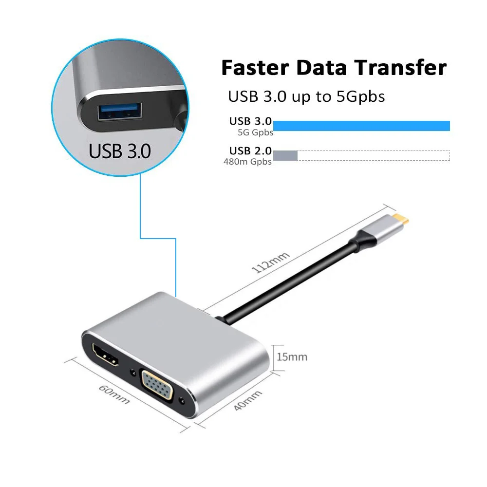 Адаптер usb-c на HDMI 4K адаптер VGA USB 3 0 для быстрой зарядки и передачи аудио видео PD 87
