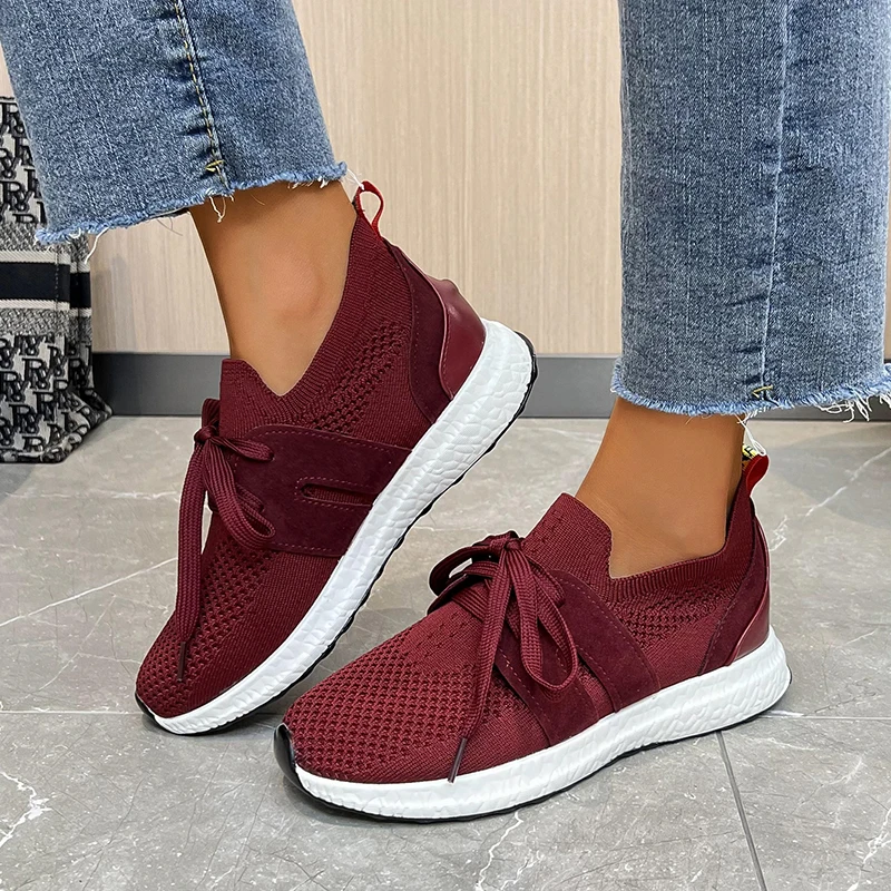 

High Quality Kintted Loafers Shoes Woman Lace Up Casual Flat Shoes Femme White Breathable Mules Comfy Walking Ladies Flat Shoes