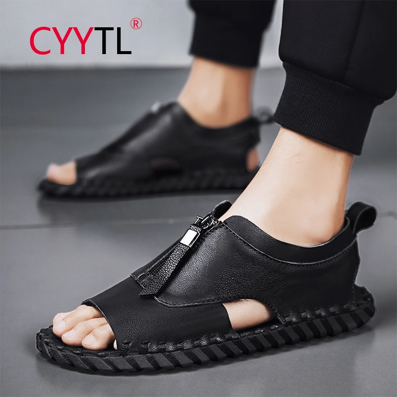 

CYYTL Men's Sandals Leather Beach Outdoor Summer Sport Zipper Design Shoes Comfort Open Toe Fashion Slippers Handmade for Male