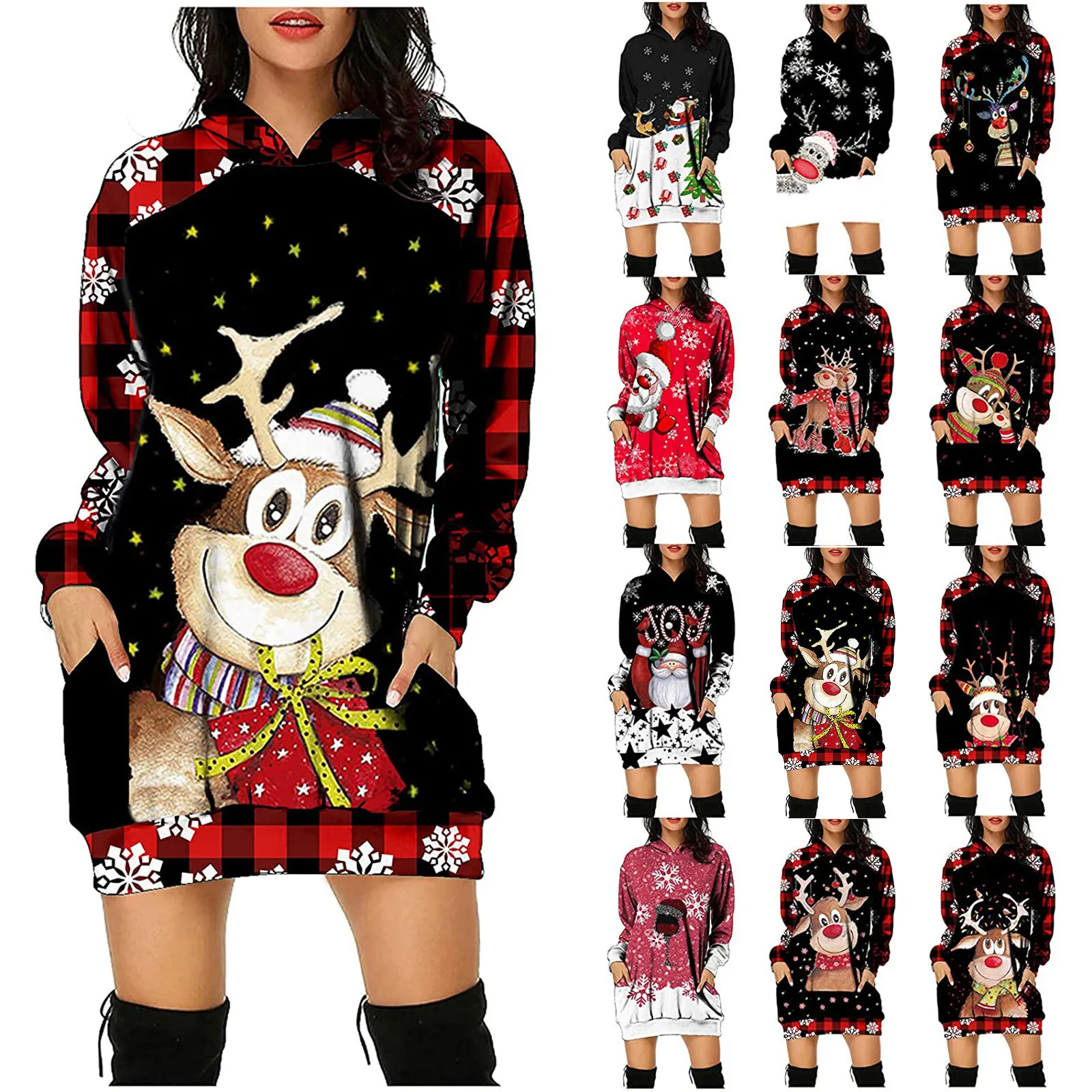

Women's Dress Christmas Pullover Traf Fashion Plaid Stitching Hooded Elk Print Loose Dress Vestido Feminino Party Dresses