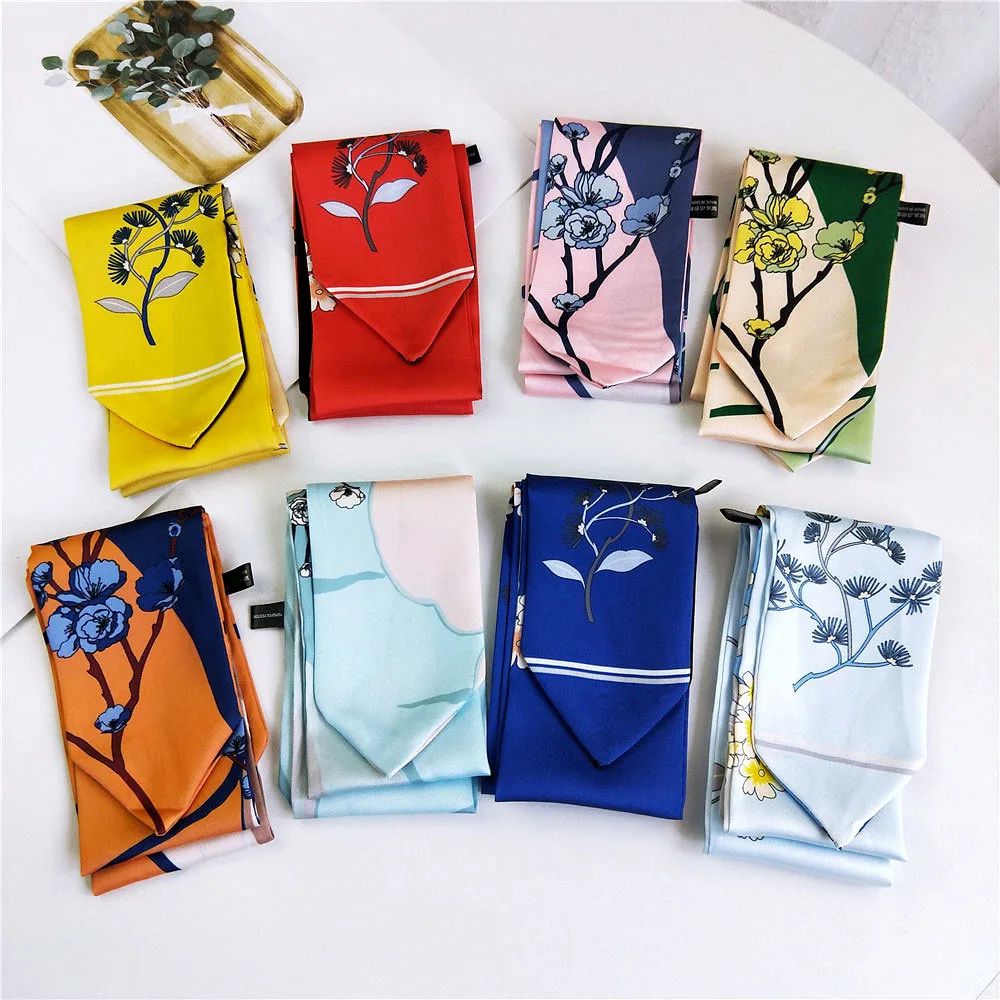 

Женский шелковый шарф с цветочным принтом, 7 х92 см