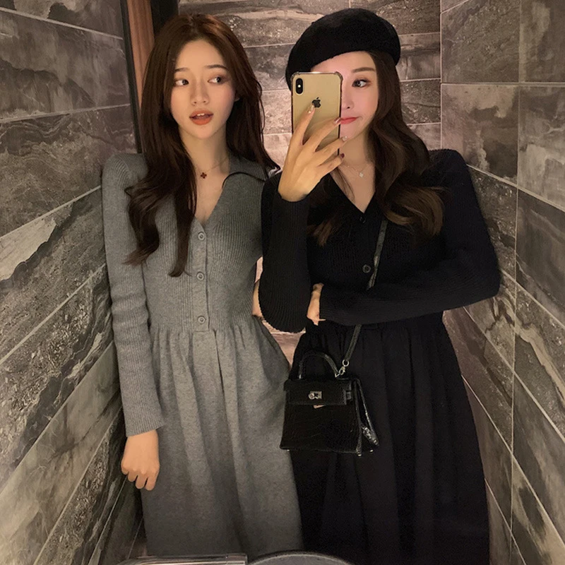 Трикотажное платье-свитер Хлопковый пуловер с высоким воротом и длинным рукавом