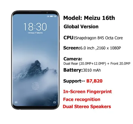 Оригинальная глобальная версия Meizu 16th 16 4G Snapdragon 845 Adreno 630 8GB ram 128GB rom 6," FHD 2160x1080P полноэкранная двойная камера