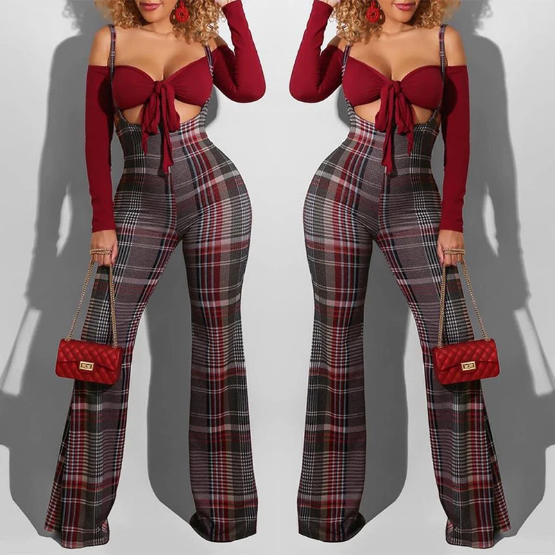 

New Fashion Checkered Spaghetti Strap High Wasit Casual Colorblock Suspender Long Pants Streetwear Plaid Women Wide Leg Jumpsuit