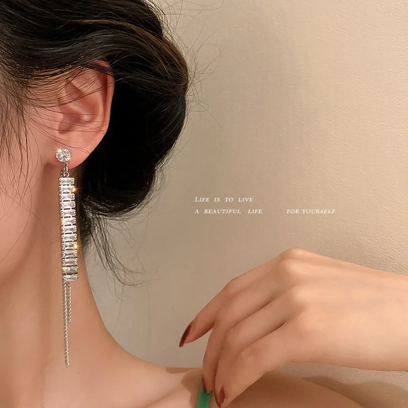 

925 Silver Needle Zircon Tassel Earrings Temperament Long Fashion Personality Sweet Cool Ear Jewelry Female
