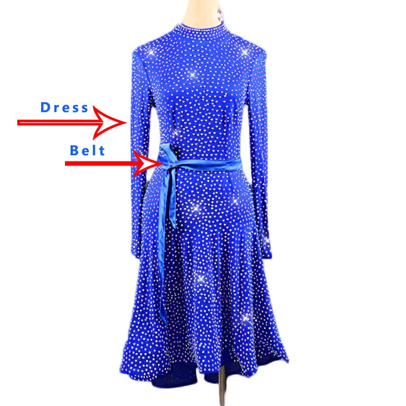 Dress And Belt Блестящее платье для латинских танцев женское платье со стразами синее платье ча/Румба/Танго женские платья для латинских соревнований VD400 - Цвет: Dress And Belt