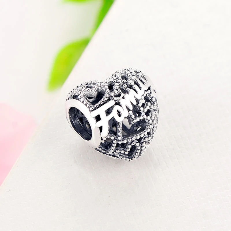100% Серебро 925 пробы ажурное сердце семейный бисер подходит для оригинальной