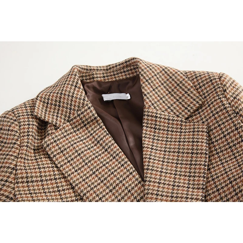 

Vintage Houndstooth Women Blazer Sashes Double-breasted Plaid Female Suit Jacket Long Sleeve Pockets Blaser Femme 2021
