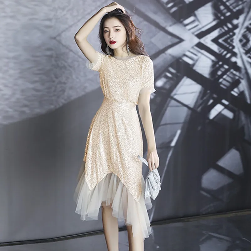 

Асимметричное Сетчатое вечернее платье-Ципао средней длины цвета шампанского с открытой спиной, 2021