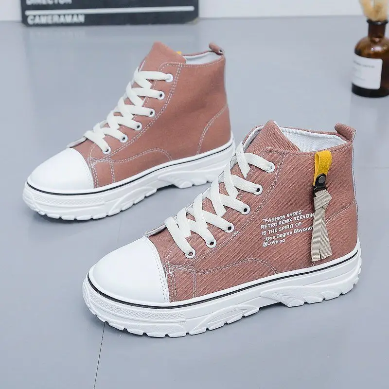 

Women Shoes High-top Canvas Platform Vulcanized Shoes 2021 Spring Autumn Espadrilles Slip On Casual Thick Bottom Black Sneakers