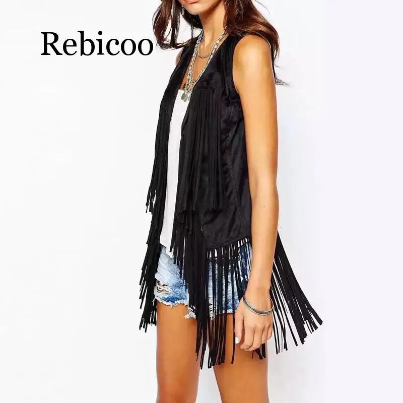 

Black vest jacket female autumn and winter national sleeveless tassel vest cardigan retro imitation suede tassel vest female