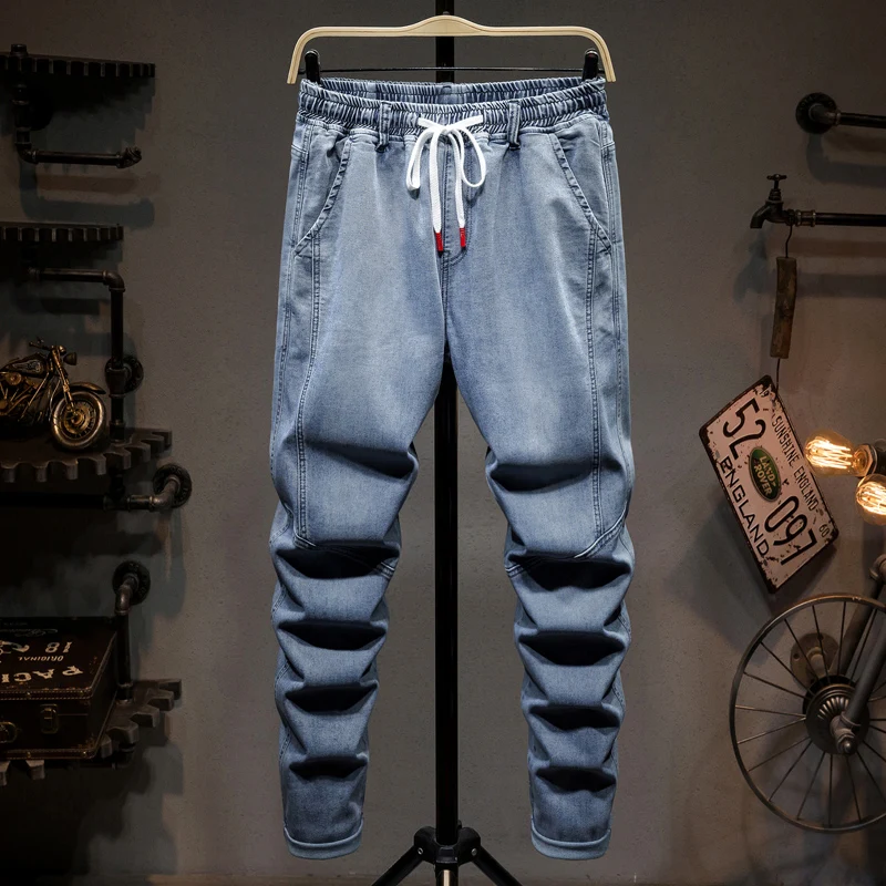 

7XL 6XL 5XL Plus Size Men's Fashion Jeans Summer Loose Harem Pants Light Blue Drawstring Elasticity Washed Denim Trousers Brand