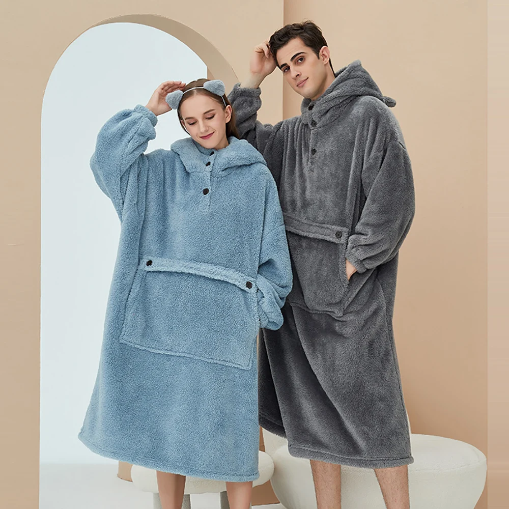Cute Animal Ears Button Hooded Bathrobe Dresses Men Couples Autumn Winter Flannel Thick Warm Stretch Dressing Gown Female Kimono