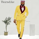 Классический пиджак для жениха Thorndike, желтый жаккардовый обеденный костюм, Бархатная шаль, жакет с лацканами для жениха, индивидуальный мужской костюм (пиджак + брюки)