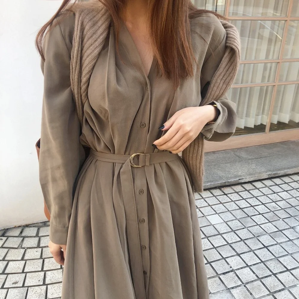 

Windbreaker Single-breasted Dress Elegant Long-sleeved Belt Female V-neck Casual Korean Dress Straight Loose Beauty Spring/fall