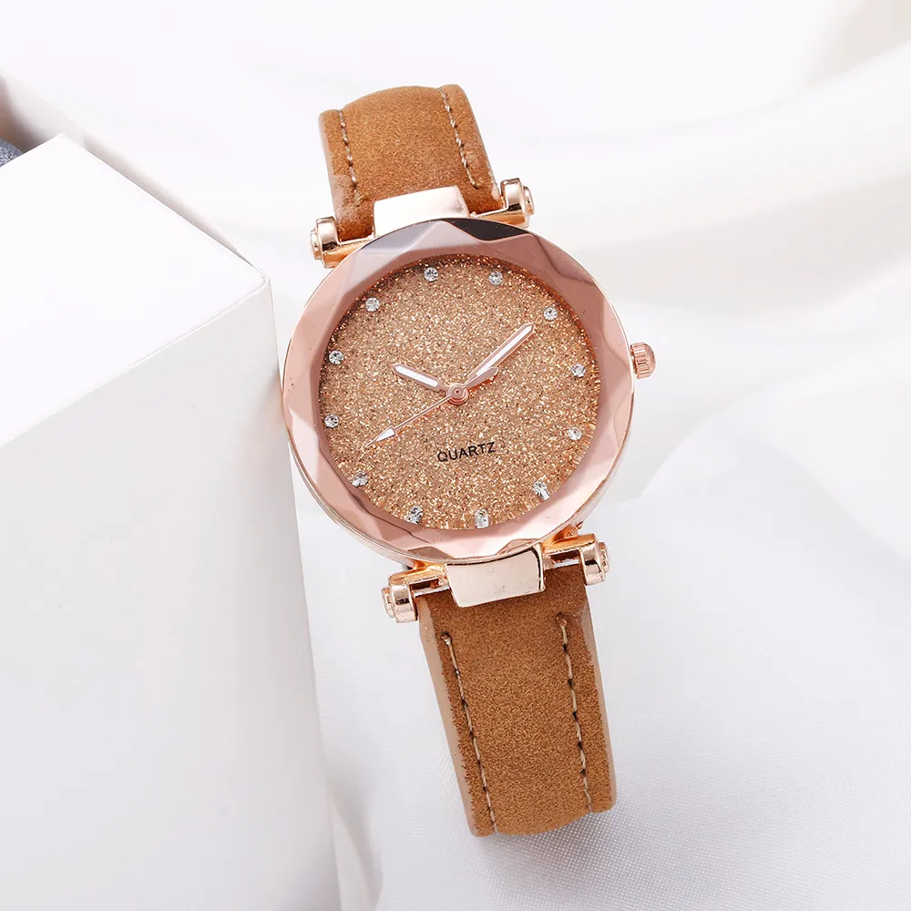 

Women Watch Imitation Leather Belt Watch Rhinestone Rose Gold Quartz Watch Female Belt Wristwatch Clock Gift