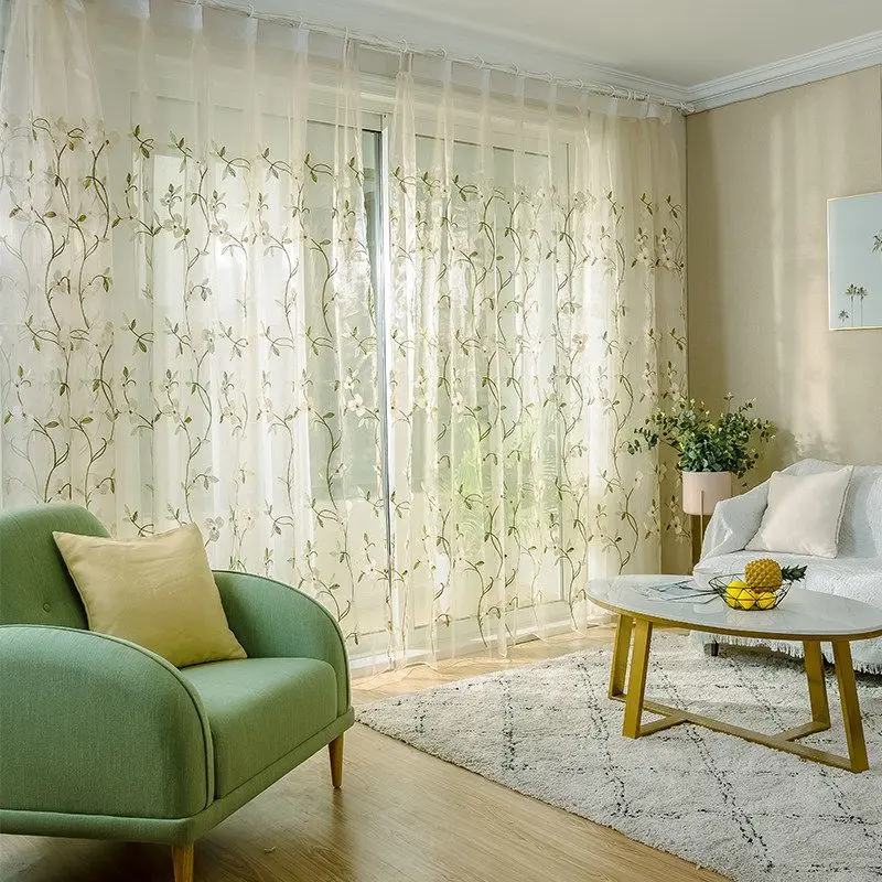 

Leaves and Flowers Embroidered Window Tulle Curtain Home Decoration for Living Room Bedroom Voile Drapes